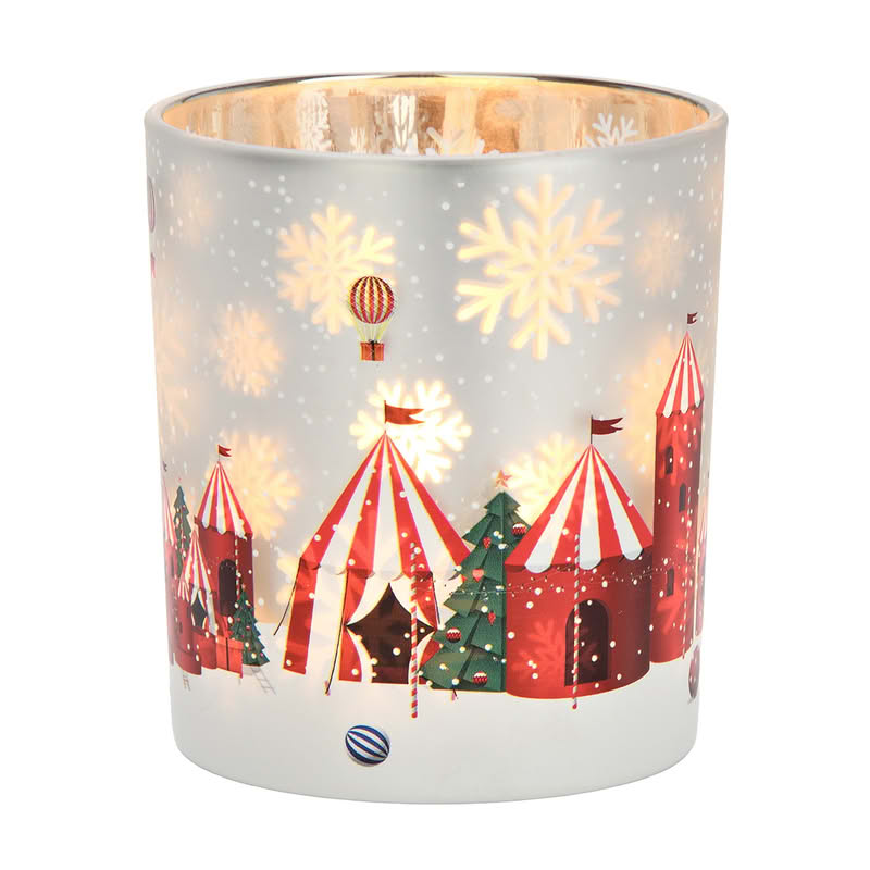 Bicchiere portacandele decorato con circo di Natale con mongolfiere e soldatini schiaccianoci
