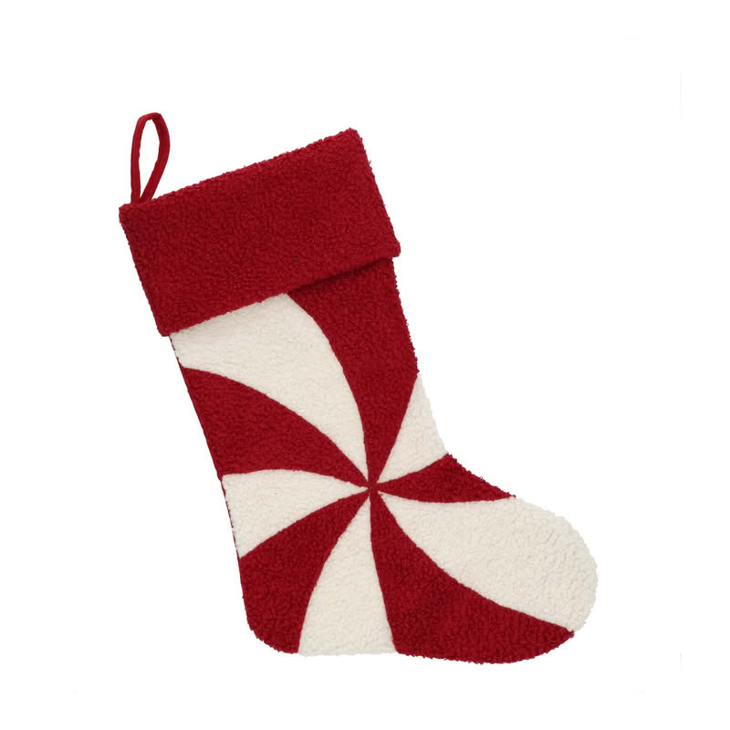 Calza della Befana rossa e bianca bouclé con occhiello per essere appesa