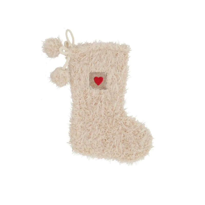Calza della Befana in pelo bianco con cuore, pompon e occhiello per essere appesa