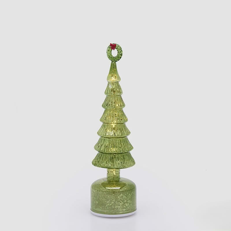 Albero di Natale in vetro verde con luce led e movimento, ideale come regalo natalizio