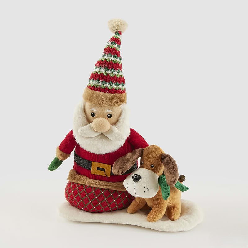 Babbo Natale e cane peluche con movimento e musica, ideale sia come decorazione originale che come regalo di Natale
