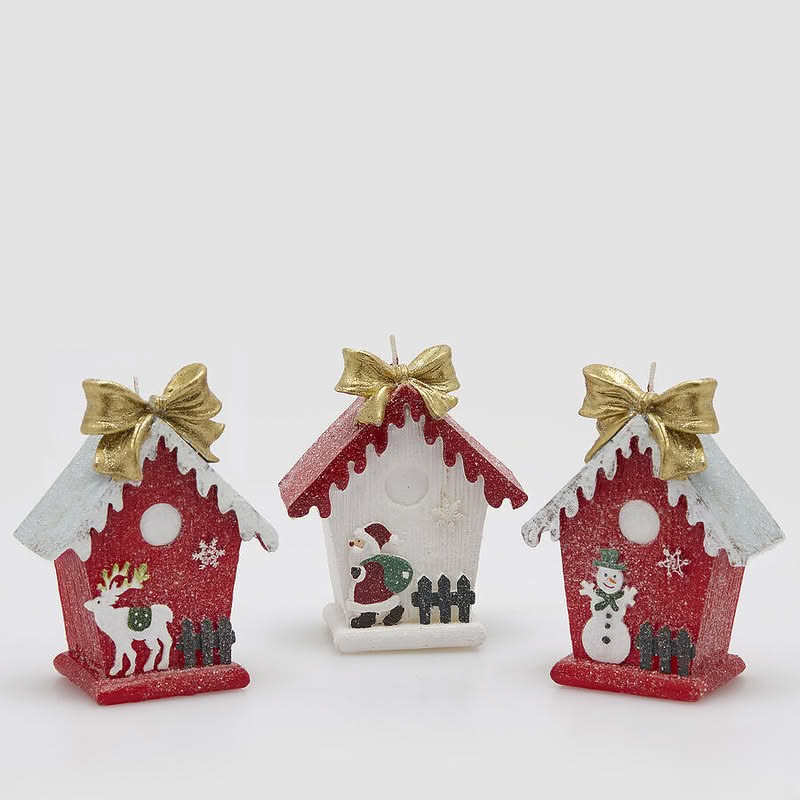Candela casetta di Natale con fiocco dorato in 3 varianti assortite, perfetta come decorazione di Natale