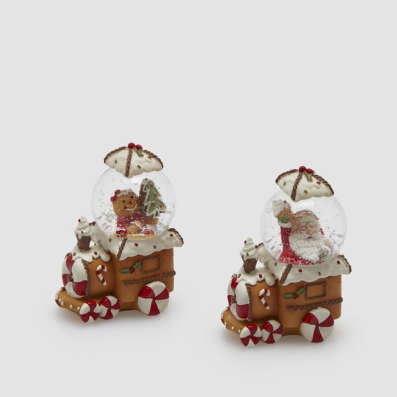 Palla di neve di Natale a forma di trenino di marzapane assortita in 2 varianti con omino di pan di zenzero e Babbo Natale, perfetto come pensierino natalizio