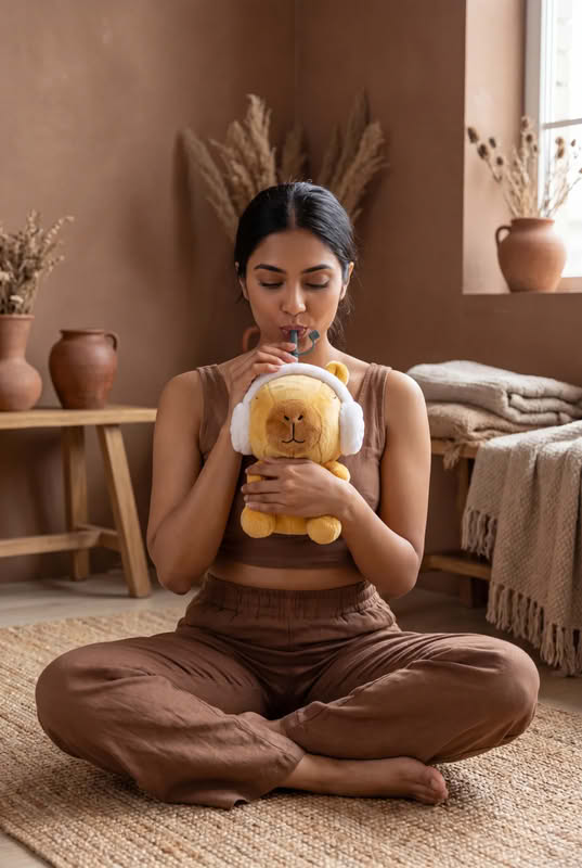 Borraccia termica in acciaio inox dentro peluche morbido a forma di capybara dal quale esce una cannuccia con cui bere, la borraccia è removibile ed è inclusa una tracolla regolabile per essere portata più comodamente con sé. Capacità: 360 ml