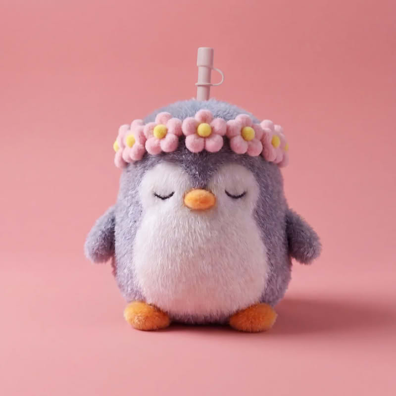 Borraccia termica in acciaio inox dentro peluche morbido a forma di pinguino dal quale esce una cannuccia con cui bere, la borraccia è removibile ed è inclusa una tracolla regolabile per essere portata più comodamente con sé. Capacità: 360 ml