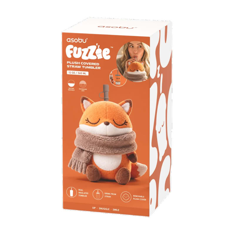 Borraccia termica in acciaio inox dentro peluche morbido a forma di volpe dal quale esce una cannuccia con cui bere, la borraccia è removibile ed è inclusa una tracolla regolabile per essere portata più comodamente con sé. Capacità: 360 ml
