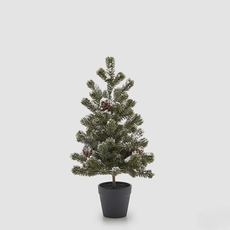 Pino innevato con pigne e vaso nero alto 41 cm, perfetto come decorazione di Natale o invernale