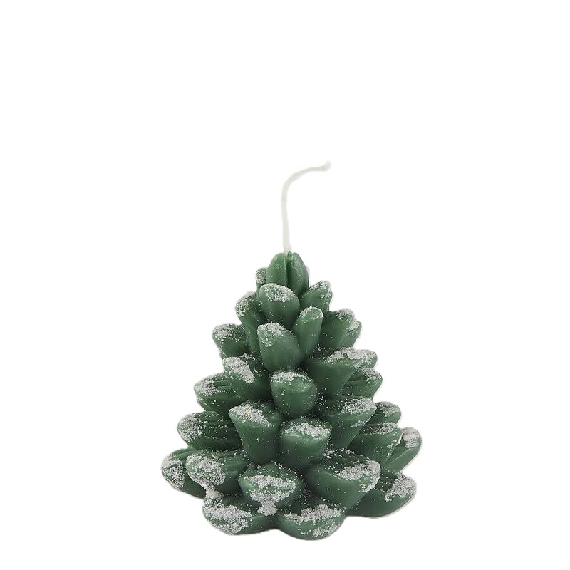 Candela a forma di pigna verde innevata, perfetta come pensierino di Natale