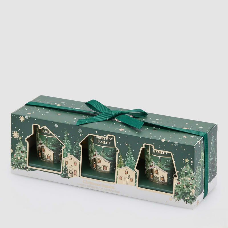 Set 3 candele di Natale verdi profumate al cardamomo in cofanetto regalo, perfette come pensiero di Natale