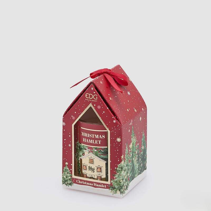 Candela di Natale rossa profumata al sidro di mele con miele in casetta regalo, perfetta come pensiero di Natale