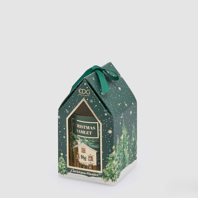 Candela di Natale verde profumata al cardamomo in casetta regalo, perfetta come pensiero di Natale