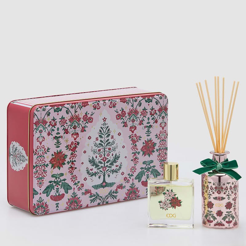 Set diffusore di fragranza da 200 ml e spray per ambiente da 100 ml con profumo Oud contenuti in scatola regalo di latta decorata con fiori e albero, perfetta per autunno e inverno