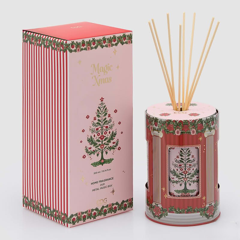 Diffusore di fragranza con bastoncini da 300 ml con essenza Oud contenuto in scatola regalo di latta che funge da carillon, perfetto per autunno e inverno