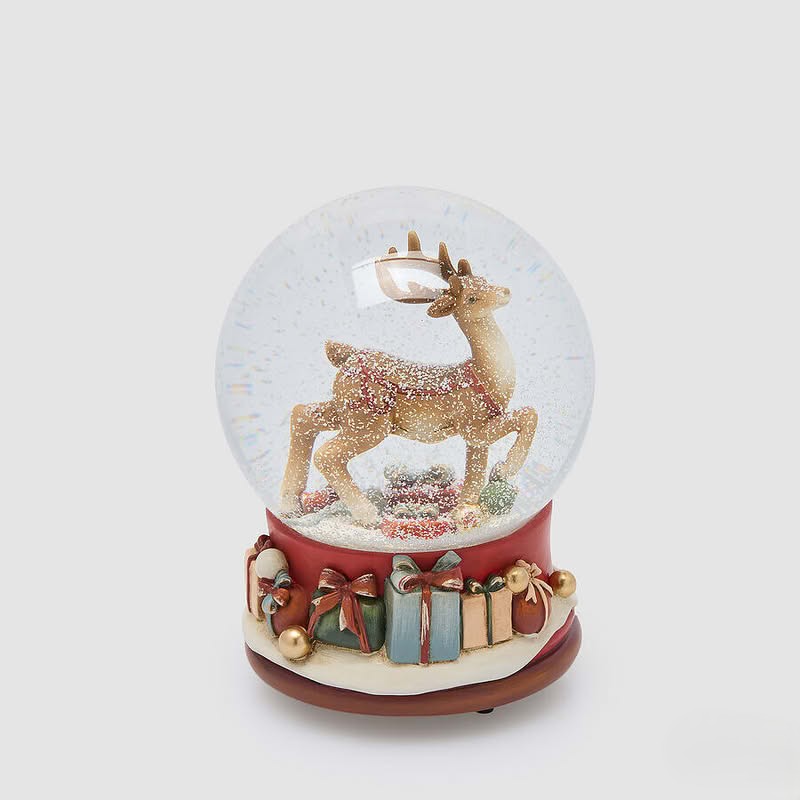 Palla di neve decoro renna su base con pacchi regalo, con musica, perfetta come regalo di Natale