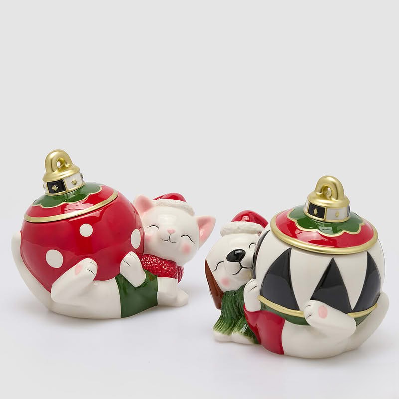 Barattolo in ceramica a forma di cane o gatto con pallina di Natale, perfetto come idea regalo di Natale