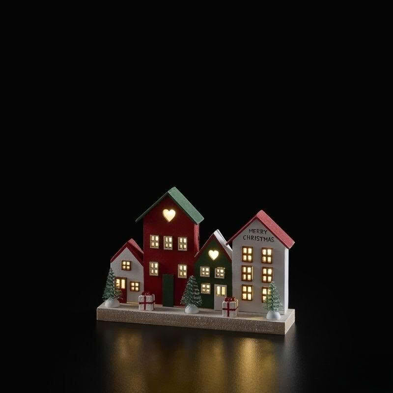 Paesaggio di Natale in legno con casette illuminate da led, perfetto come decorazione di Natale