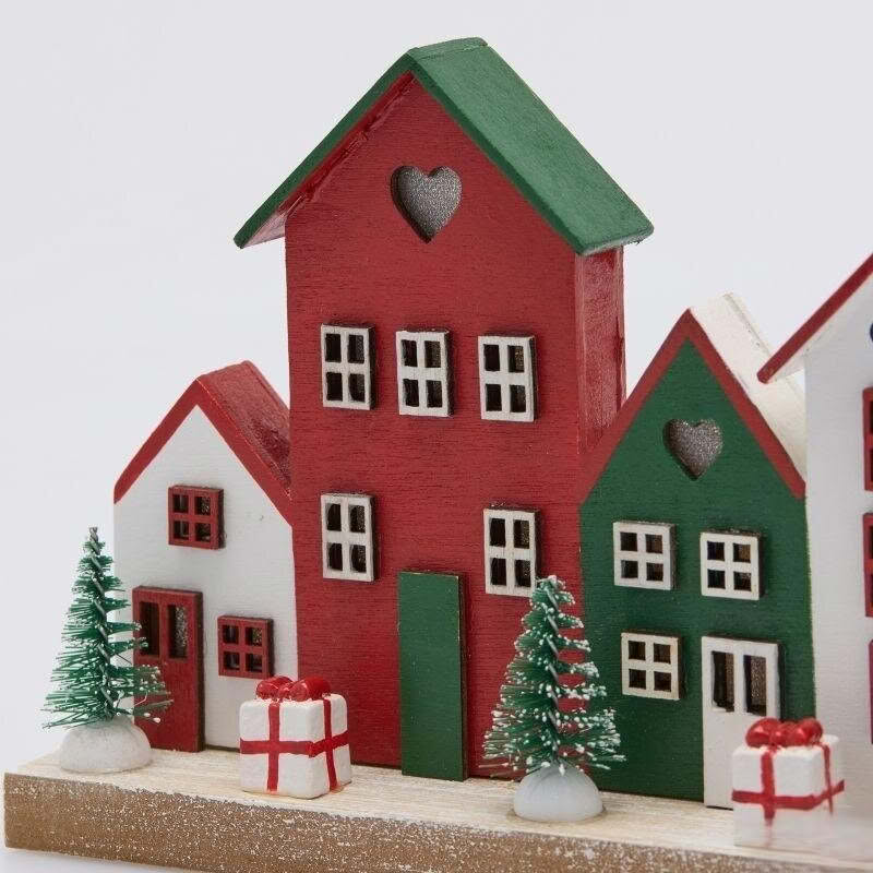 Paesaggio di Natale in legno con casette illuminate da led, perfetto come decorazione di Natale