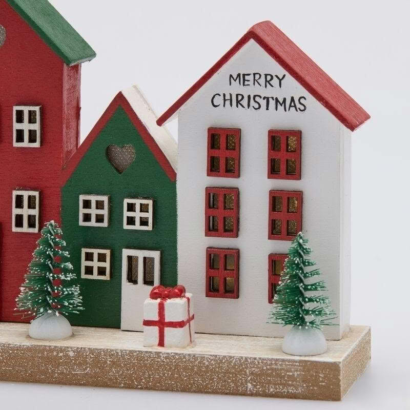 Paesaggio di Natale in legno con casette illuminate da led, perfetto come decorazione di Natale