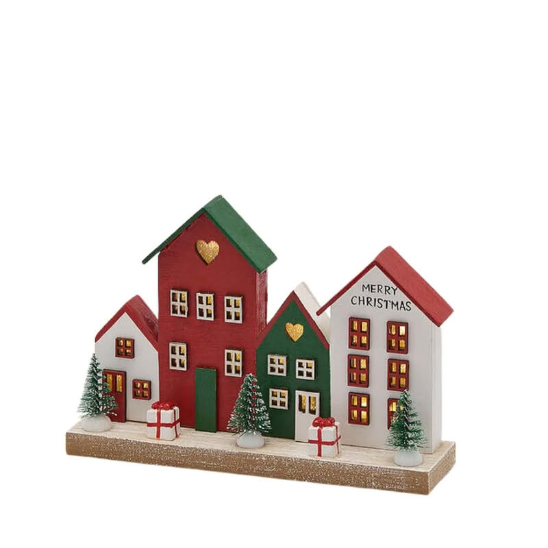 Paesaggio di Natale in legno con casette illuminate da led, perfetto come decorazione di Natale