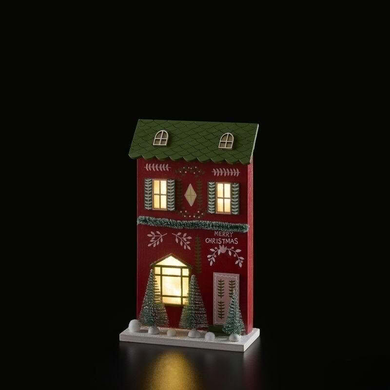 Casetta di Natale in legno rosso con ghirlanda, alberi e luce led, perfetta come decorazione di Natale