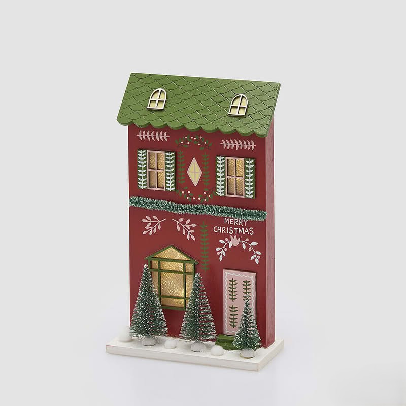 Casetta di Natale in legno rosso con ghirlanda, alberi e luce led, perfetta come decorazione di Natale
