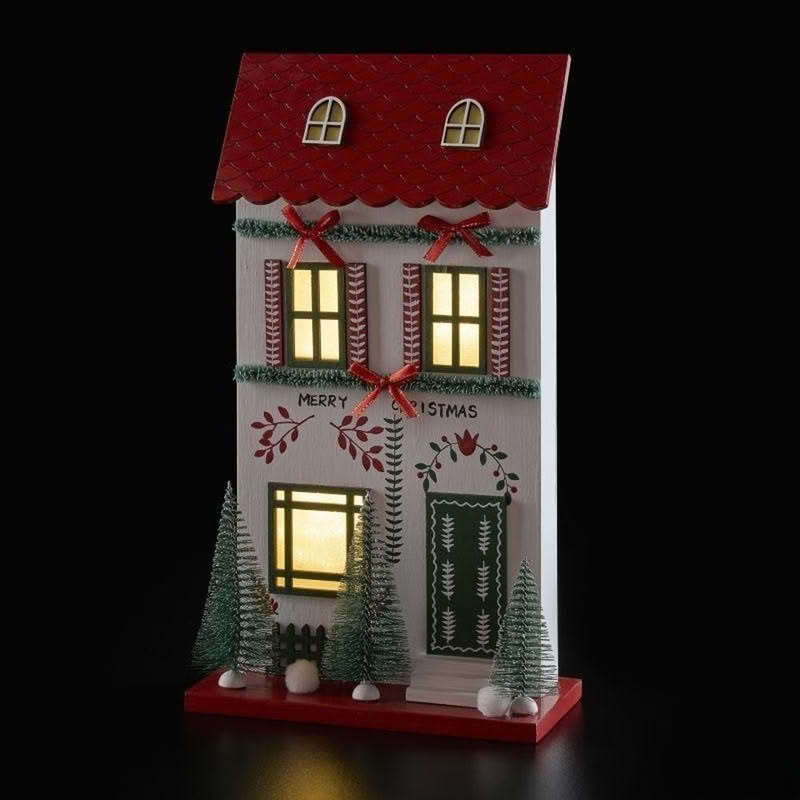 Casetta di Natale in legno bianco con ghirlande, alberi e luce led, perfetta come decorazione di Natale