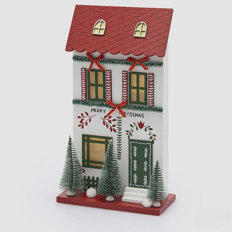 Casetta di Natale in legno bianco con ghirlande, alberi e luce led, perfetta come decorazione di Natale
