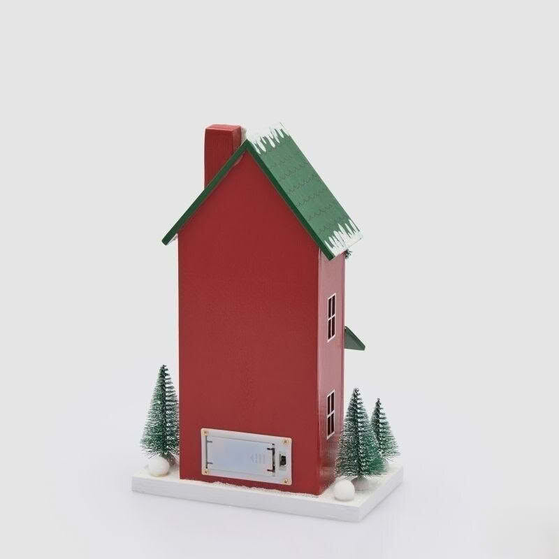Casetta di Natale innevata in legno rosso con ghirlande, Babbo Natale, alberi e luce led, perfetta come decorazione di Natale