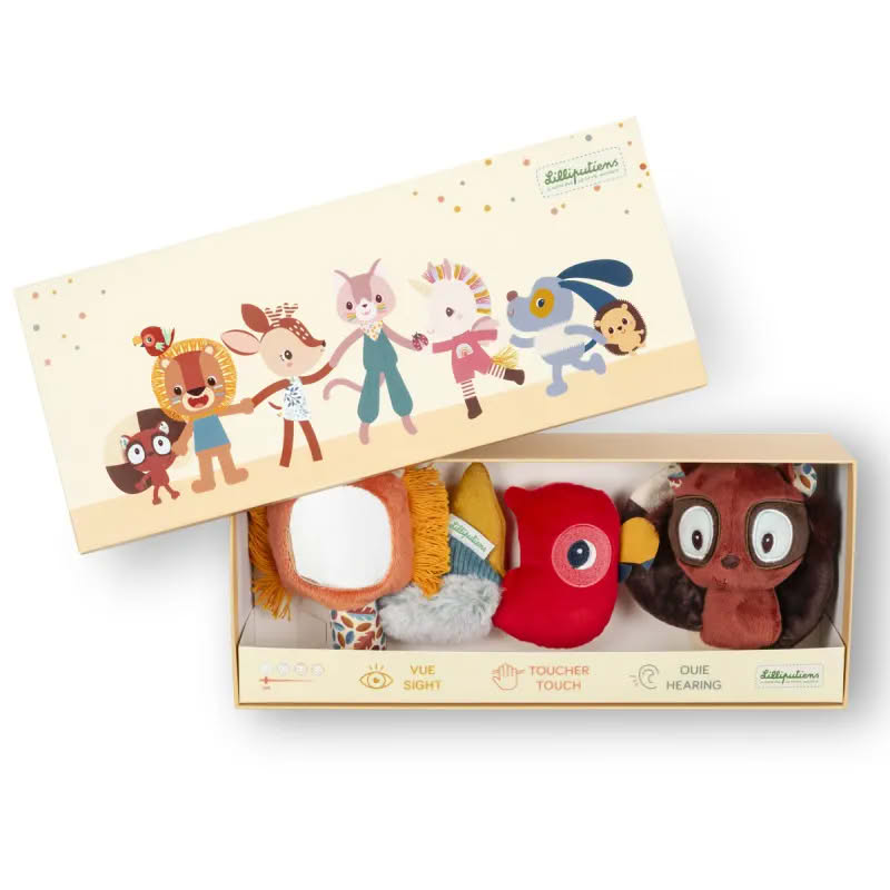 Set 3 sonagli sensoriali a forma di animali per neonati, contenente procione, leone e pappagallo