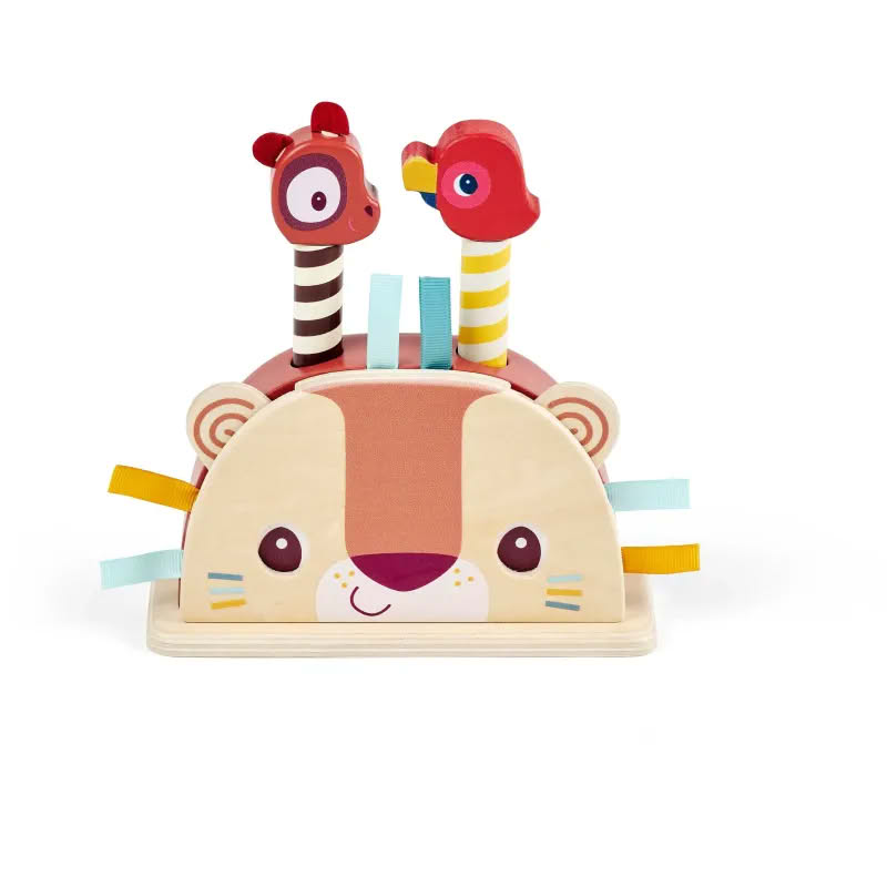 Gioco di abilità pop-up per neonati con animali in legno: i bastoncini, quando premuti, saltano, inoltre si possono muovere gli occhi del leone tirandogli le orecchie - perfetto per i neonati dai 12 mesi in su!
