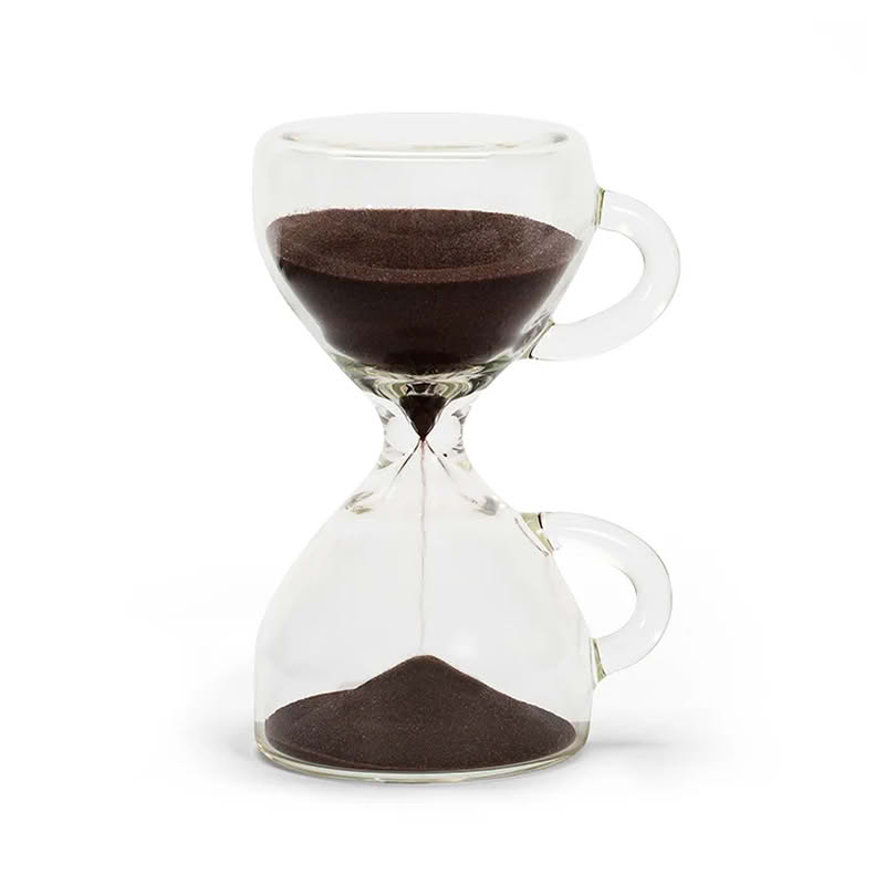 Clessidra per pausa caffè da 15 minuti a forma di due tazzine per espresso con sabbia simile al caffè