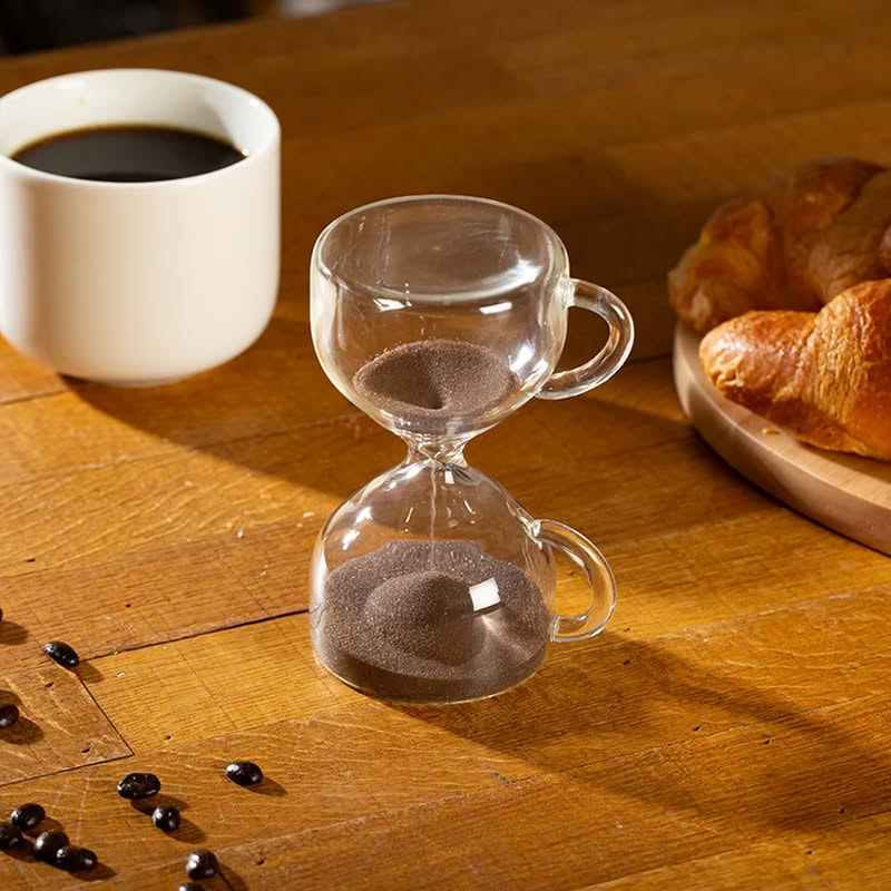 Clessidra per pausa caffè da 15 minuti a forma di due tazzine per espresso con sabbia simile al caffè