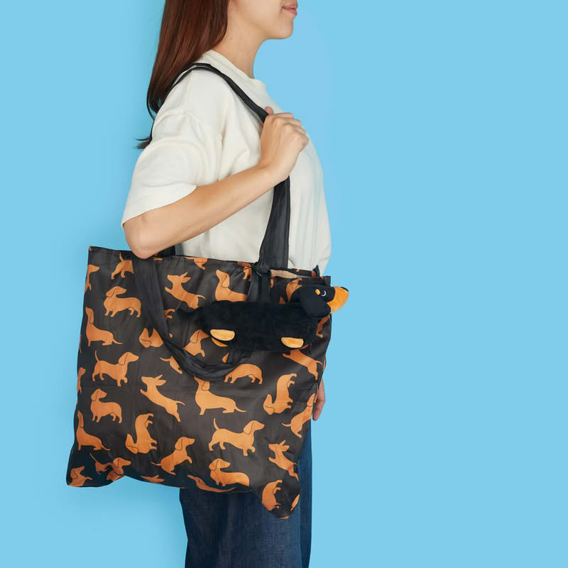 Borsa per la spesa con decoro a tema e astuccio a forma di bassotto nero e marrone, capacità 8.5 litri