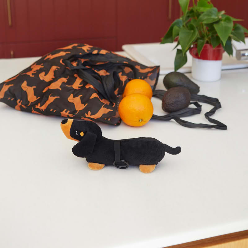 Borsa per la spesa con decoro a tema e astuccio a forma di bassotto nero e marrone, capacità 8.5 litri