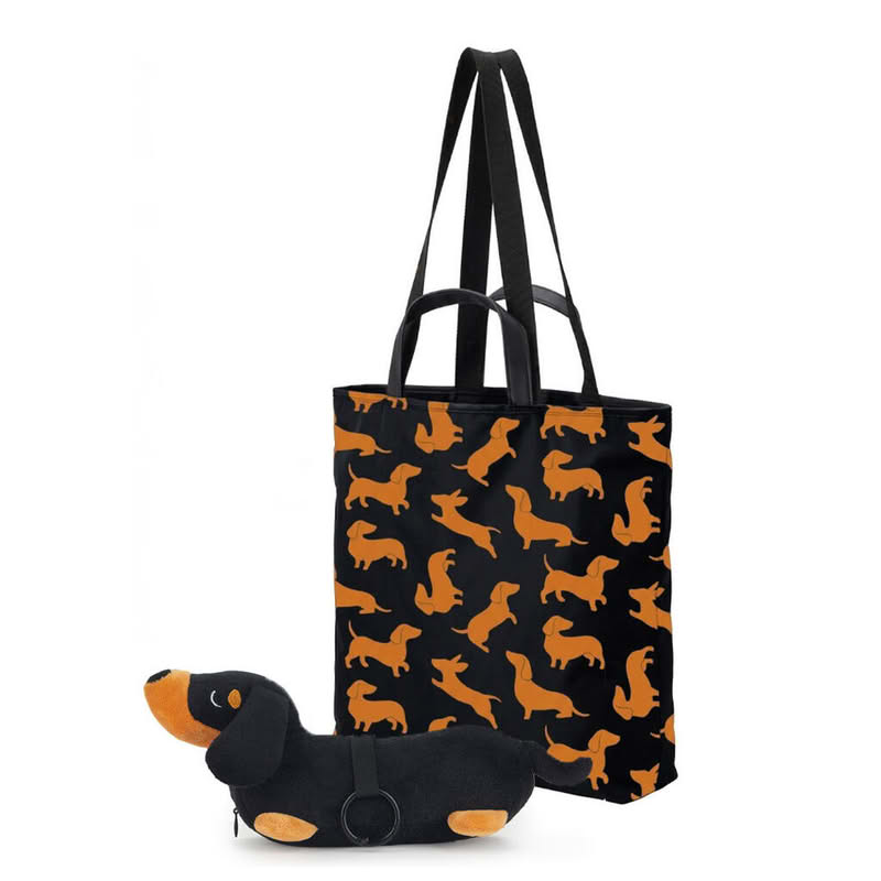 Borsa per la spesa con decoro a tema e astuccio a forma di bassotto nero e marrone, capacità 8.5 litri