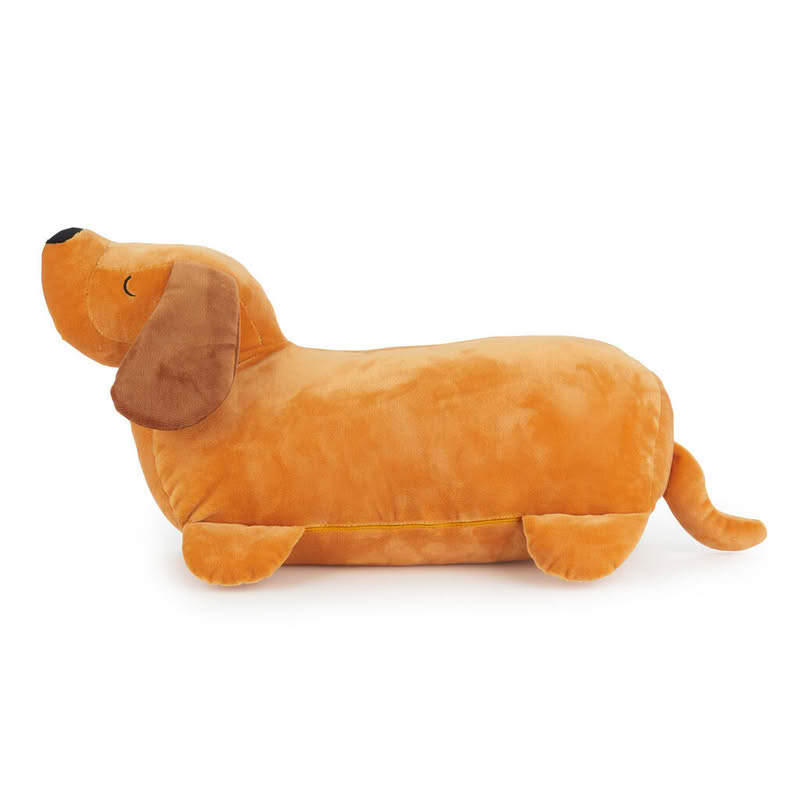 Cuscino a forma di bassotto marrone con al suo interno una coperta dello stesso colore di dimensione 150 x 110 cm, il tutto è lavabile in lavatrice