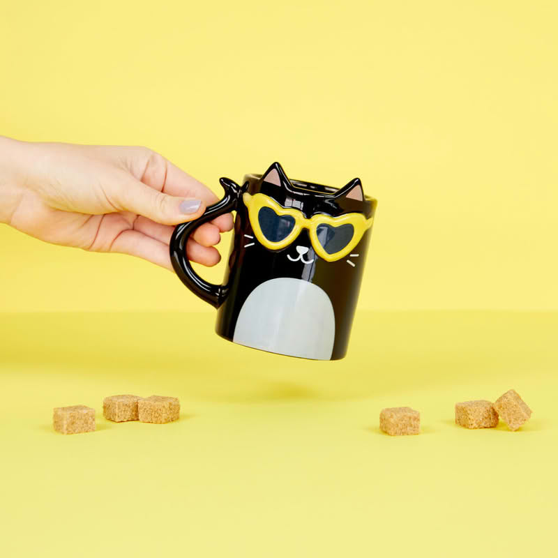 Tazza mug in ceramica a forma di gatto tuxedo con occhiali, capacità 350 ml