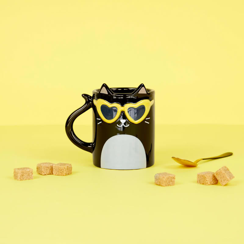 Tazza mug in ceramica a forma di gatto tuxedo con occhiali, capacità 350 ml