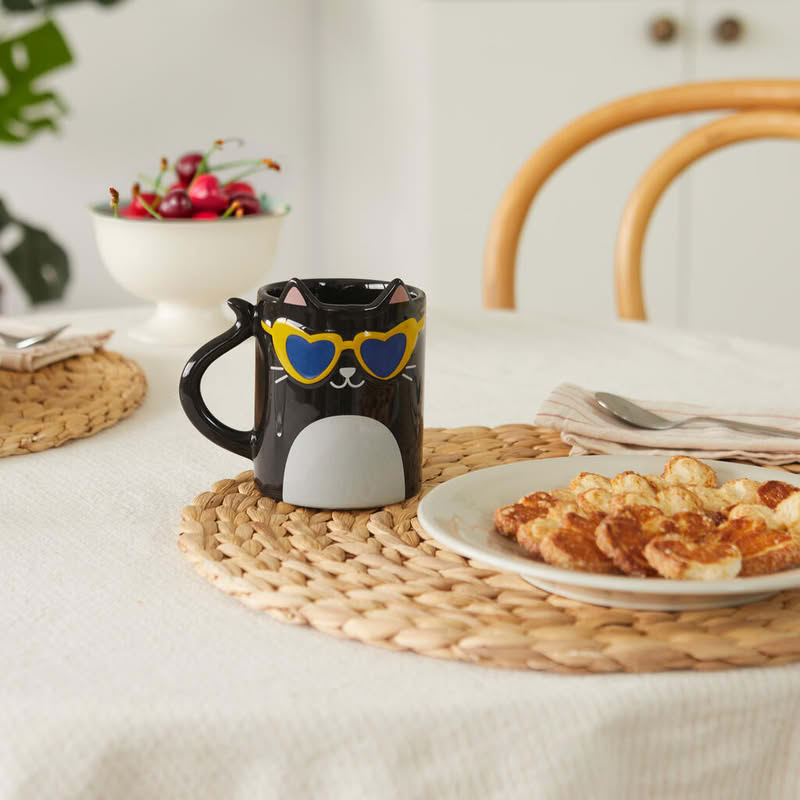 Tazza mug in ceramica a forma di gatto tuxedo con occhiali, capacità 350 ml