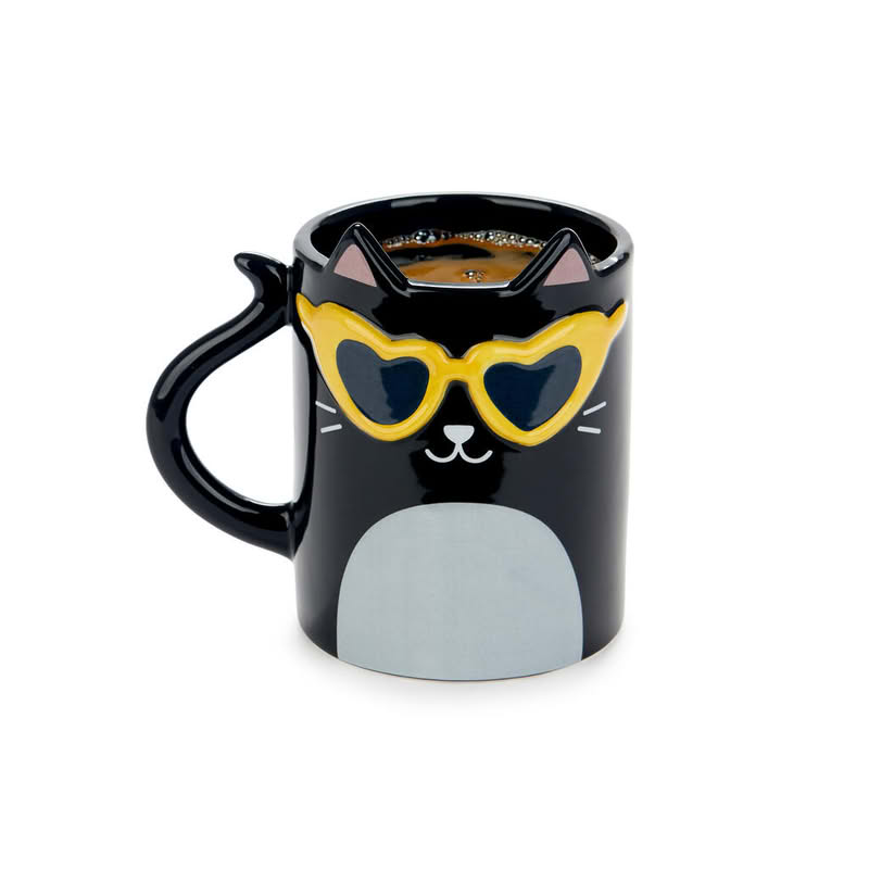 Tazza mug in ceramica a forma di gatto tuxedo con occhiali, capacità 350 ml