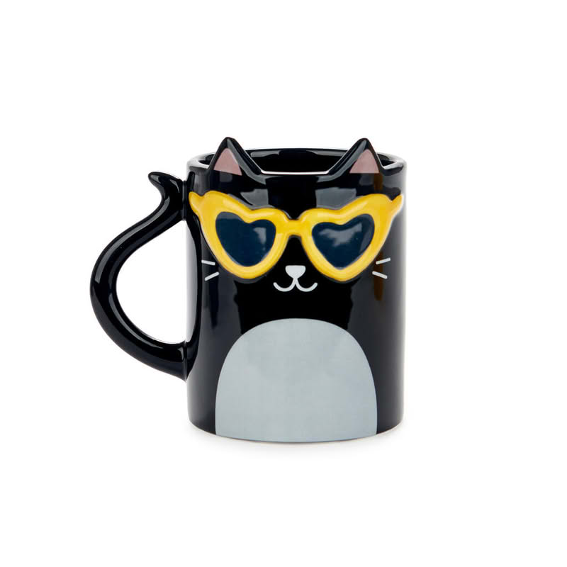 Tazza mug in ceramica a forma di gatto tuxedo con occhiali, capacità 350 ml