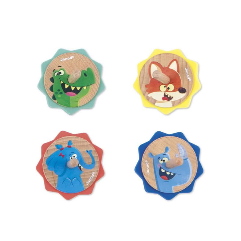Trottola in legno decorata con 4 animali assortiti: coccodrillo, volpe, elefante e rinoceronte