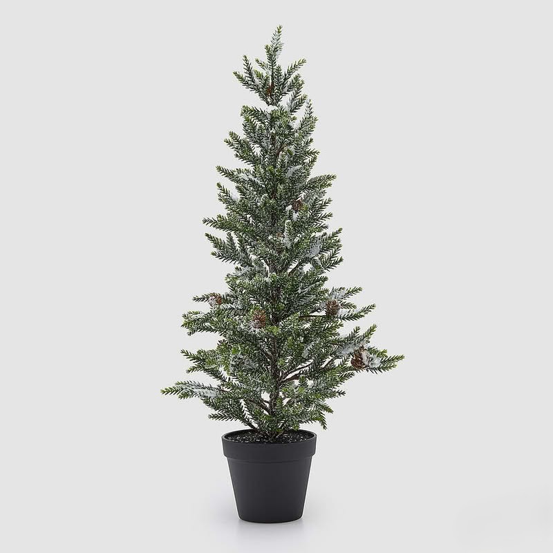 Pino innevato con pigne e vaso nero alto 65 cm, perfetto come decorazione di Natale o invernale