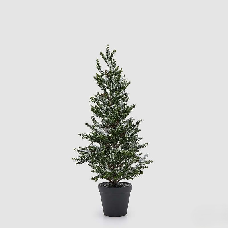 Pino innevato con pigne e vaso nero alto 55 cm, perfetto come decorazione di Natale o invernale