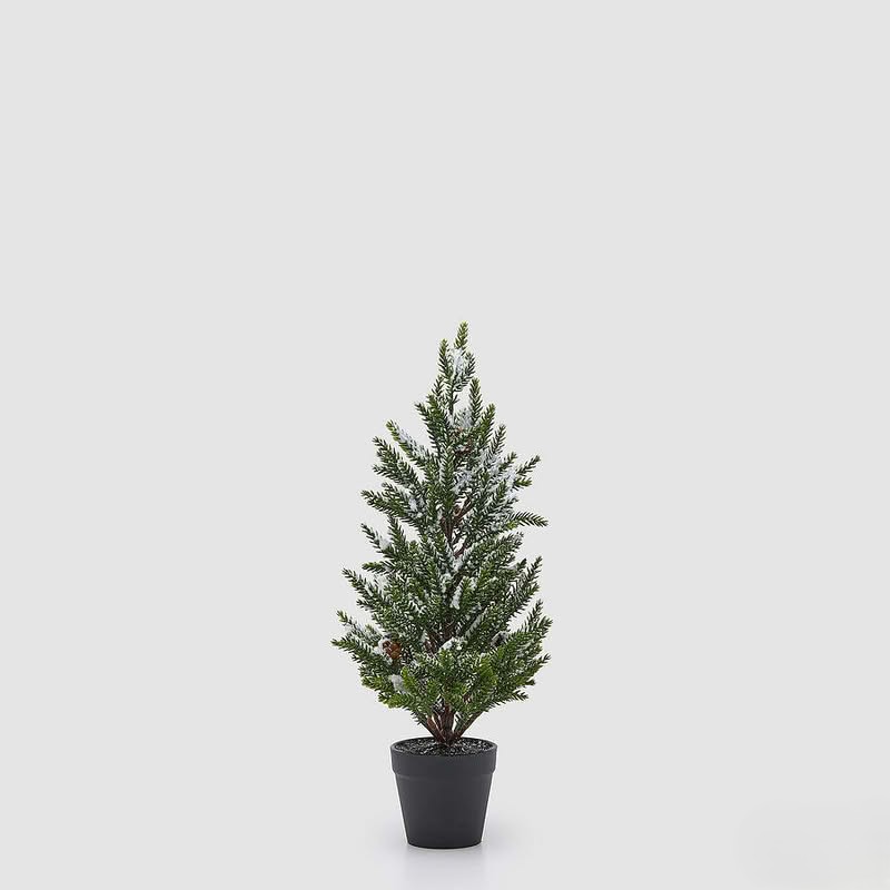 Pino innevato con pigne e vaso nero alto 43 cm, perfetto come decorazione di Natale o invernale