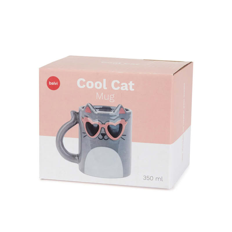 Tazza mug in ceramica a forma di gatto grigio con occhiali, capacità 350 ml