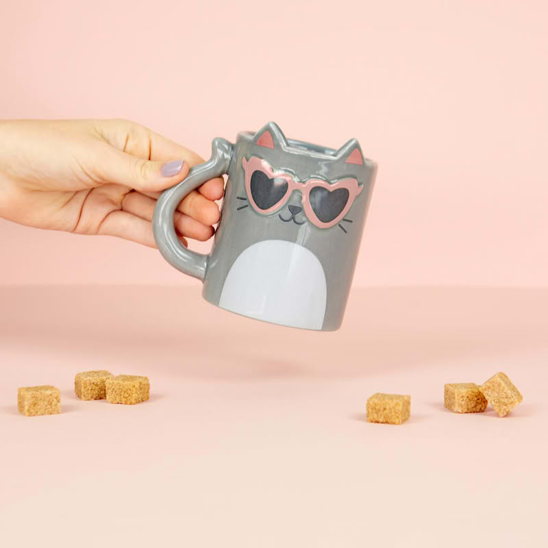 Tazza mug in ceramica a forma di gatto grigio con occhiali, capacità 350 ml