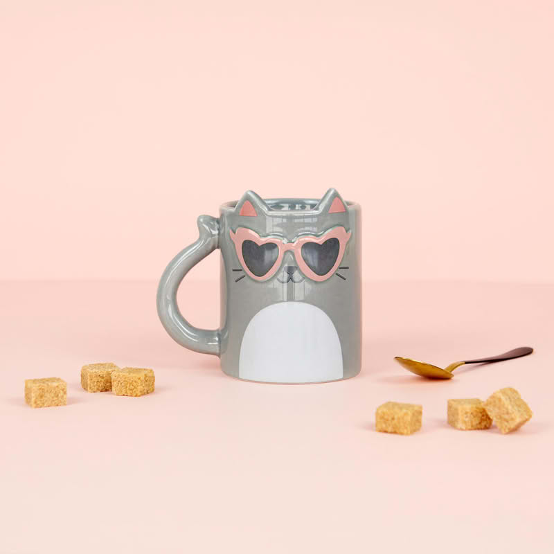 Tazza mug in ceramica a forma di gatto grigio con occhiali, capacità 350 ml