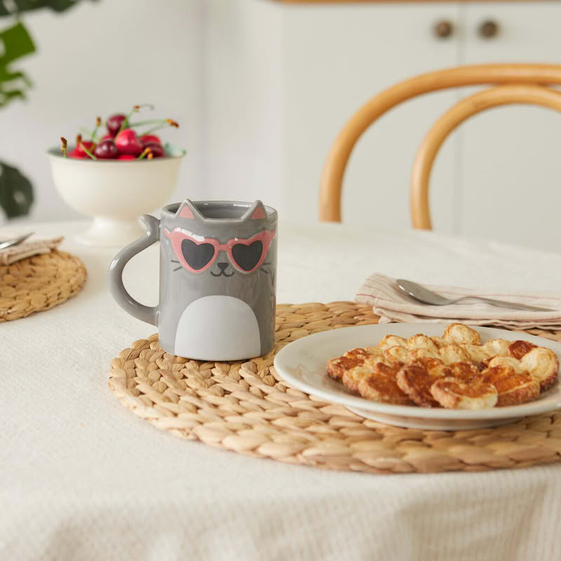 Tazza mug in ceramica a forma di gatto grigio con occhiali, capacità 350 ml