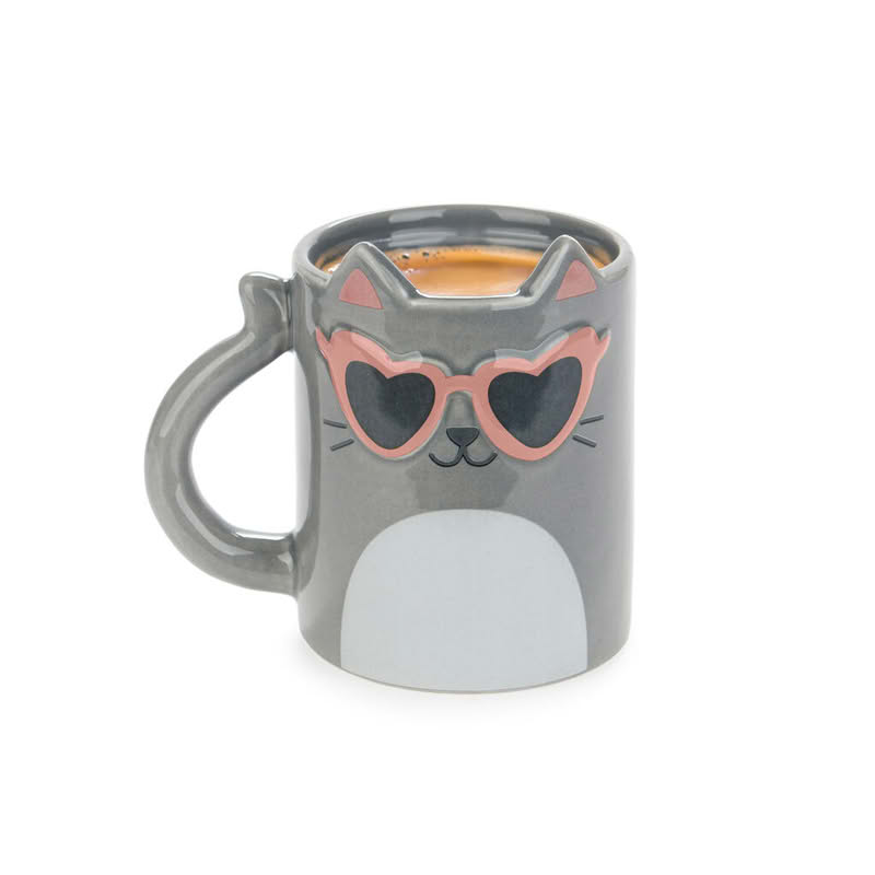 Tazza mug in ceramica a forma di gatto grigio con occhiali, capacità 350 ml